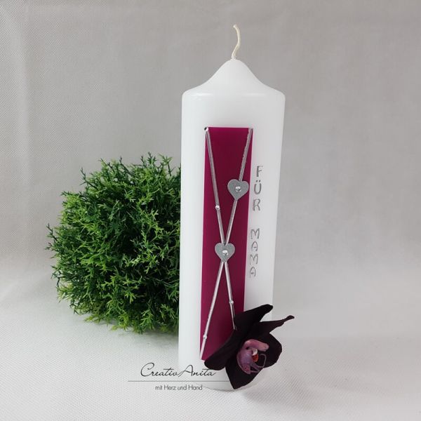 Geschenkkerze zum Geburtstag, Silberhochzeit oder Diamantenen Hochzeit - auch in Wunschfarbe mit Orchideenblüte